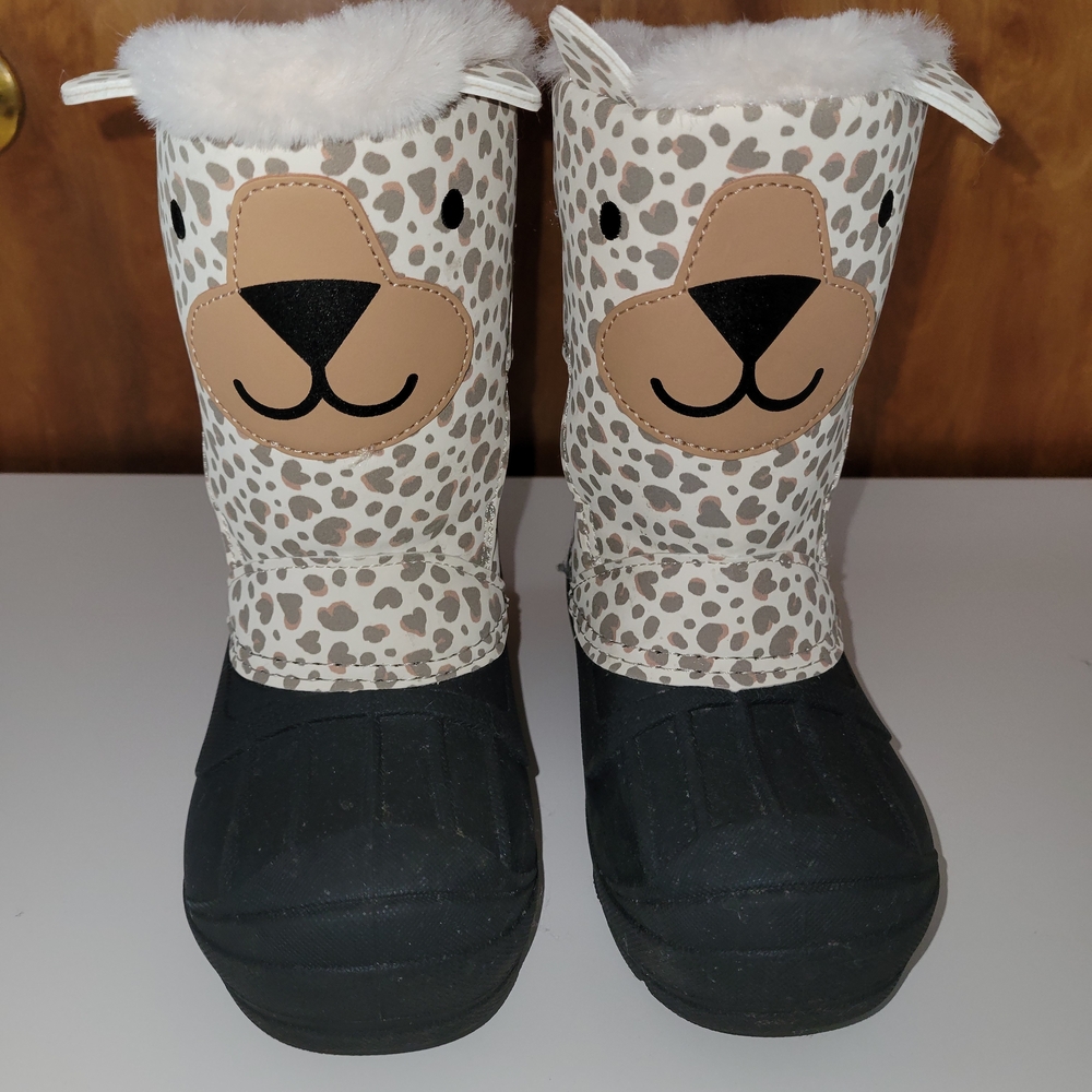 Cat & Jack Toddler Girls Snow Boots Size 11 Faux Fur Lined Bear Leopard Print